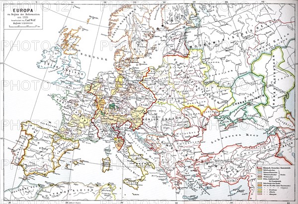 Map of Europe at the beginning of the Reformation around 1520  /  Landkarte von Europa zu Beginn der Reformation um 1520