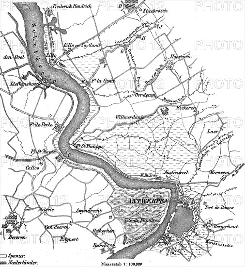 Troops of King Philip II of Spain laid siege to Antwerp from July 1584 to August 1585 during the Eighty Years' War  /  Plan zur Belagerung von Antwerpen durch Truppen des spanischen Königs Philipp II. erfolgte in der Zeit von Juli 1584 bis August 1585 im Rahmen des Achtzigjährigen Krieges