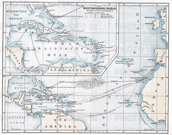 historical map with an overview of Christopher Columbus travels  /  historische Landkarte mit einer Übersicht zu den Reisen des Christoph Kolumbus
