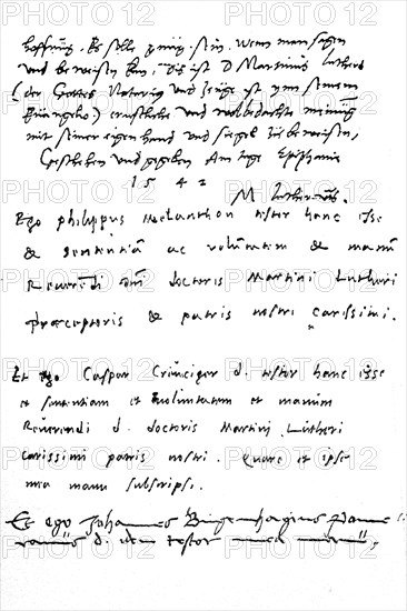 End of the last will of Martin Luther with the certified signatures of Melanchthon