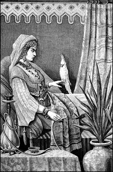 Noble Arab woman with a parrot and water pipe from Baghdad