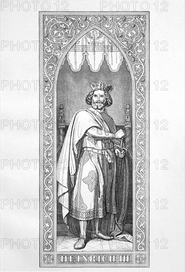 Henry III. (* October 28, 1016; † October 5, 1056) was from the family of Salian of 1039 until his death in 1056 King and since 1046 emperor in the Holy Roman Empire  /  Heinrich III. (* 28. Oktober 1016; † 5. Oktober 1056) aus der Familie der Salier war von 1039 bis zu seinem Tod 1056 Koenig und seit 1046 Kaiser im roemisch-deutschen Reich, historical, digital improved reproduction of an original from the 19th century / digitale Reproduktion einer Originalvorlage aus dem 19. Jahrhundert