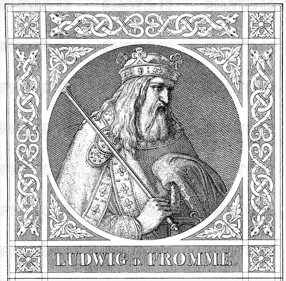 Ludwig I, Louis the Pious (born June / August 778; † June 20 840) was king of the Frankish Empire and Emperor (813-840)  /  Ludwig I., Ludwig der Fromme (* Juni/August 778; † 20. Juni 840) war Koenig des Fraenkischen Reiches und Kaiser (813–840), historical, digital improved reproduction of an original from the 19th century / digitale Reproduktion einer Originalvorlage aus dem 19. Jahrhundert