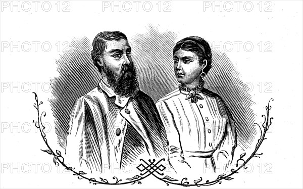 Sir Samuel Baker Pasha (* June 8, 1821; † December 30, 1893) was a British explorer, here with his wife  /  Sir Samuel White Baker Pascha (* 8. Juni 1821; † 30. Dezember 1893) war ein britischer Afrikaforscher, hier mit seiner Frau, historical, digital improved reproduction of an original from the 19th century / digitale Reproduktion einer Originalvorlage aus dem 19. Jahrhundert