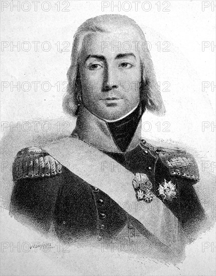 Jean-Baptiste Bessières (* 6 August 1768, † May 1, 1813), Duke of Istria, Maréchal d'Empire  /  Jean-Baptiste Bessières (* 6. August 1768; † 1. Mai 1813), Herzog von Istrien, Maréchal d’Empire, historical, digital improved reproduction of an original from the 19th century / digitale Reproduktion einer Originalvorlage aus dem 19. Jahrhundert