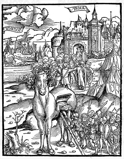 The Trojan horse. The Greeks get into the wooden horse at the siege of Troy  /  Das trojanische Pferd. Die Griechen steigen in das hoelzerne Pferd bei der Belagerung von Troja