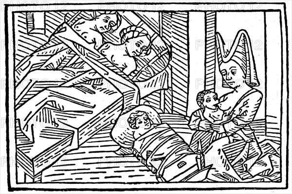 Melusine suckling her child at night. From History of women Melusine