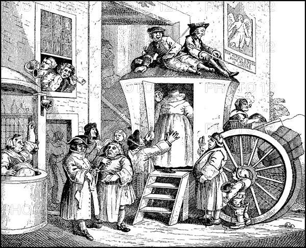 Land carriage in England at a station at the beginning of the 18th century  /  Landkutsche in England zu Anfang des 18. Jahrhunderts an einer Station