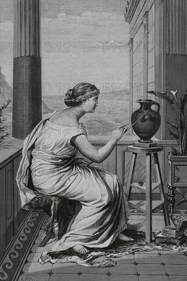 Ancient Greece, Young Greek girl painting a vase