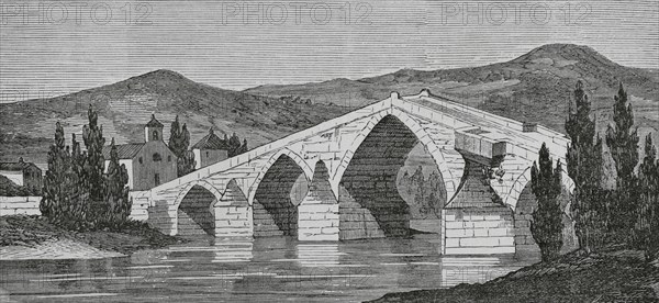 Spain, Galicia, Orense, Bridge over the Miño river