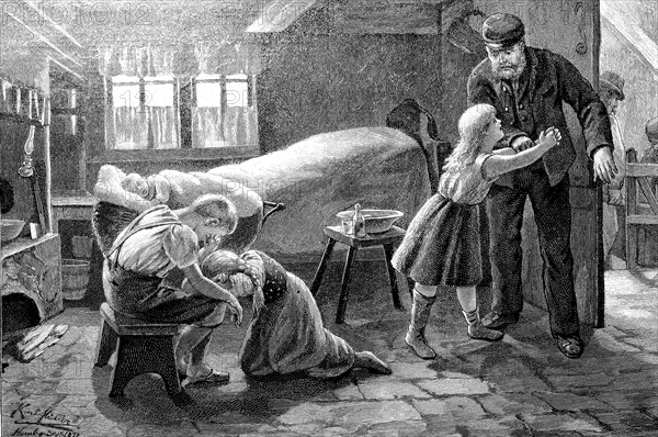 Family grieving after a death from the cholera epidemic
