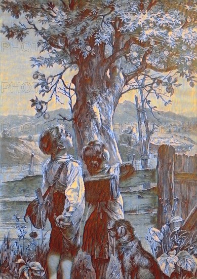 Two school children standing in front of an apple tree and thinking how to get the fruit