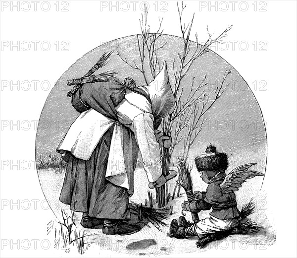 Woman cutting willow rods in winter
