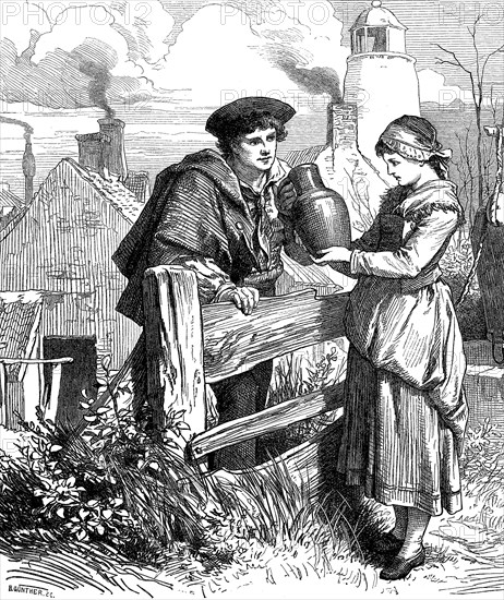 Young woman hands a pitcher of water to a thirsty hiker