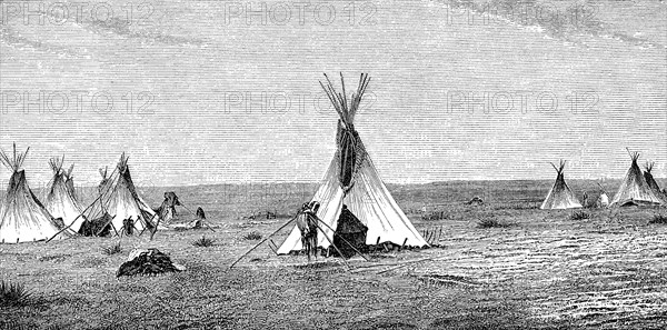 Indian village with teepees in the Northwest of America