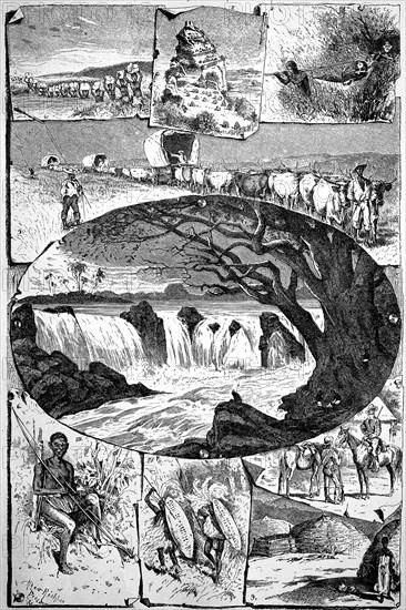 Picture tableau on the theme of Southern Africa from an encyclopedia from 1880