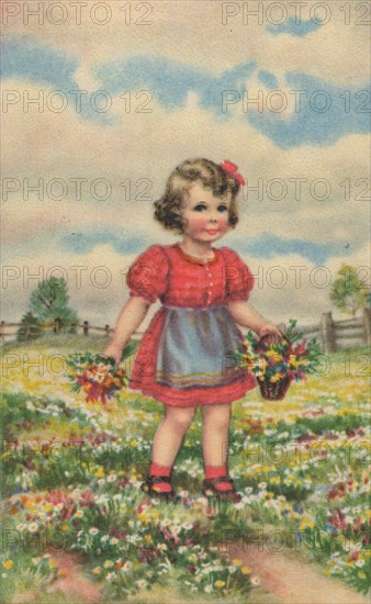 Historical postcard with a happy girl on the meadow