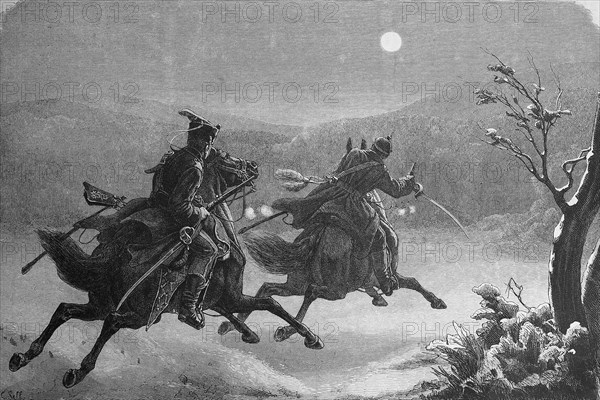 Adjutants on horseback in full gallop at night