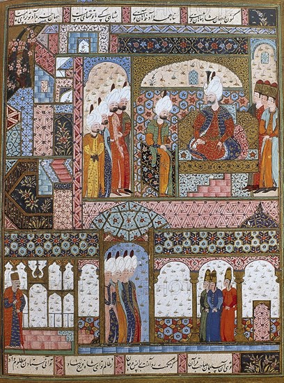 Miniature depicting Suleiman the Magnificent legislating in the Topkapi Palace.