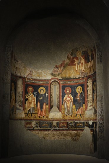 Fresco depicting Saint Peter and the Virgin with chalice and Saint John the Baptist and Saint Paul.