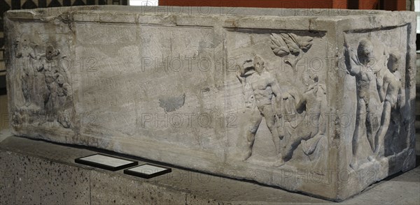 Roman sarcophagus of the veteran Vitalis, with scenes from Greek mythology about Hercules and Theseus.