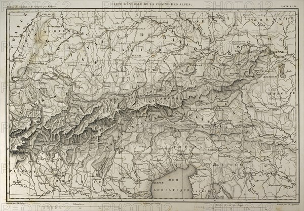 Napoleonic map of mountain range of the Alps.