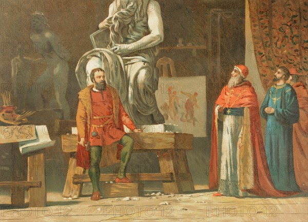 Pope Julius II visiting Michelangelo in his workshop.
