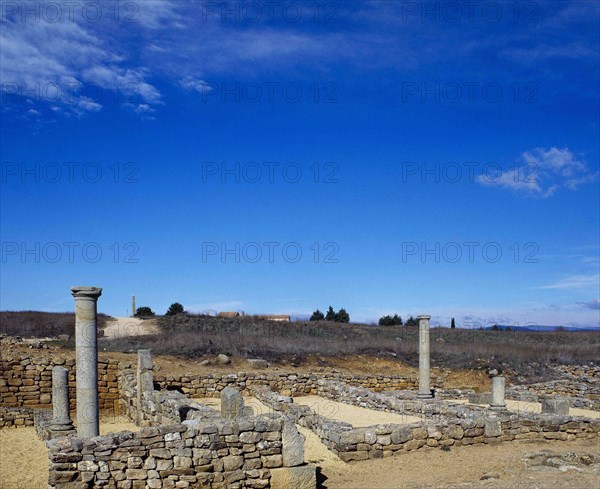 Ruins of houses with arcaded courtyards.