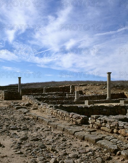 Ruins of houses with arcaded courtyards.