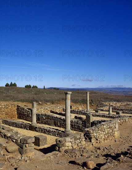 Ruins of houses with arcaded courtyards.