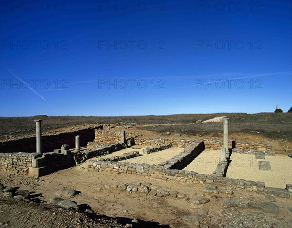 Ruins of houses with arcaded courtyards.