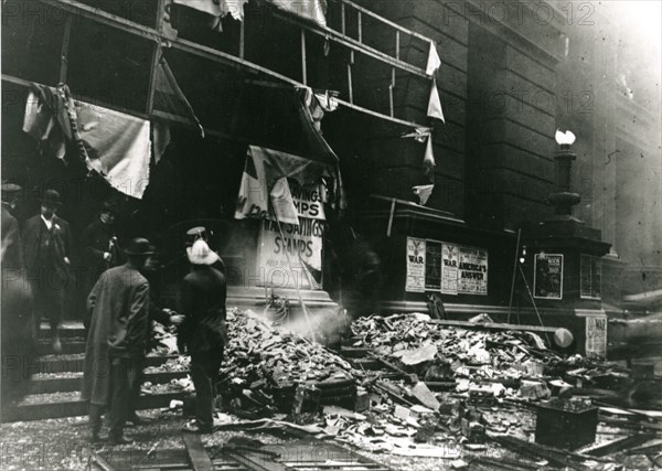 Chicago, 1918 - The wreckage of Chicago's Federal Building after the explosion of a bomb allegedly planted by the International Workers of the World (IWW) as a reprisal for the sentencing of the union's leader, 'Big Bill' Haywood, and 94 other members for seditious activities.