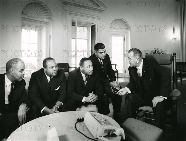 January 28, 1964 -- Civil Rights leaders (l to r) Roy Wilkins, James Farmer, Dr. Martin Luther King, Jr. and Whitney Young meet with President Lyndon B. Johnson at the White House, WAshington, DC, Abbie Rowe Photo.