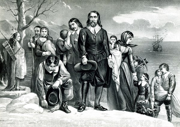 1620 - Illustration of the Pilgrims landing at Plymouth, Mass.