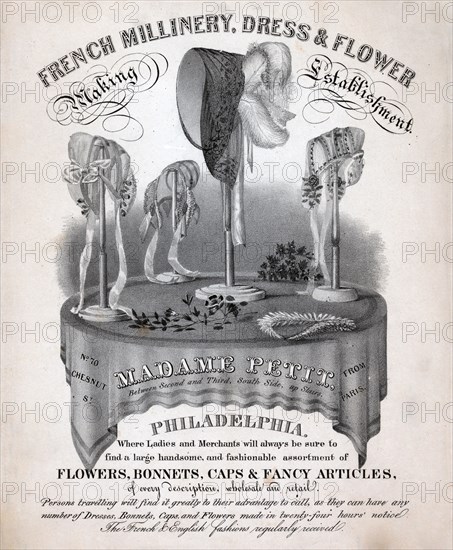 French millinery, dress & flower making establishment circa 1845.