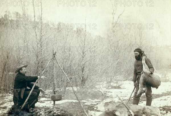 Hunting Deer.' A deer hunt near Deadwood in winter '87 and '88. Two miners McMillan and Hubbard got their game .