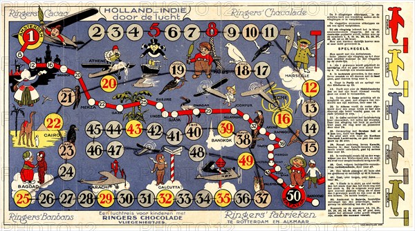Board game 'Holland - India by air. An air trip for children with Ringers Chocolate flyers' /  Bordspel 'Holland - Indië door de lucht. Een luchtreis voor kinderen met Ringers Chocolade vliegeniertjes'  circa 1935.