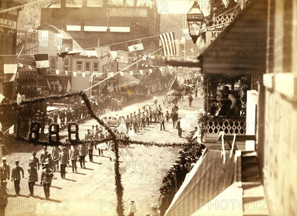 People of Deadwood celebrating completion of a stretch of railroad 1888.