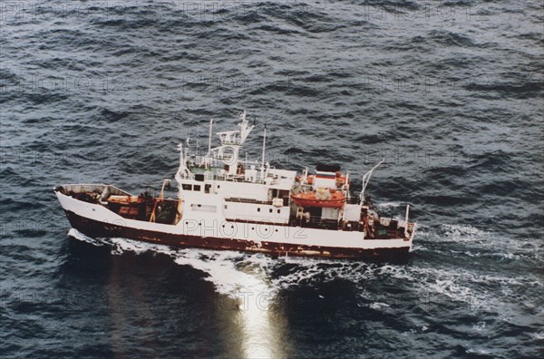 1997 - Aerial port side view of the Russian Yuriy Godin class weather reporting ship Pavel Gordienko..