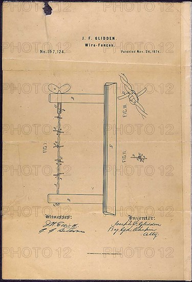 Patent Drawing for Joseph F. Glidden's Improvement to Barbed Wire 1874 .