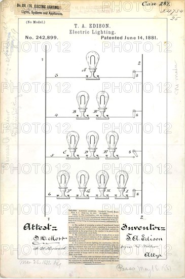 Patent Drawing for Thomas Edison's Electric Lighting 1881  .