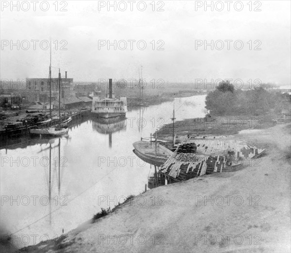 California History - The Channel, from the St. Charles Hotel, Stockton, San Joaquin County circa 1866.