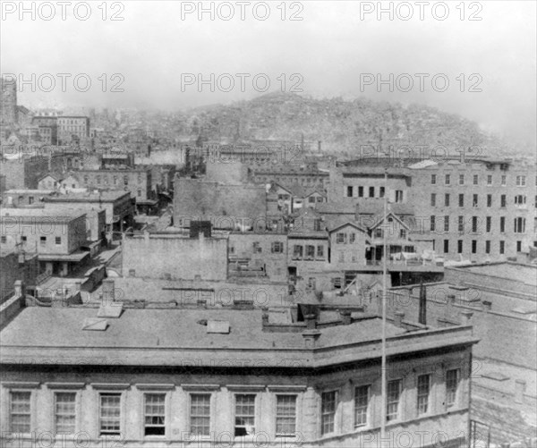 California History - View from the Nucleus hotel, Corner Market & 3rd Streets, looking north, San Francisco circa 1866 .