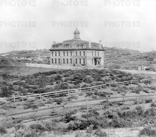 California History - Ladies' Protection and Relief Society Building - Franklin Street from the West, San Francisco circa 1866.