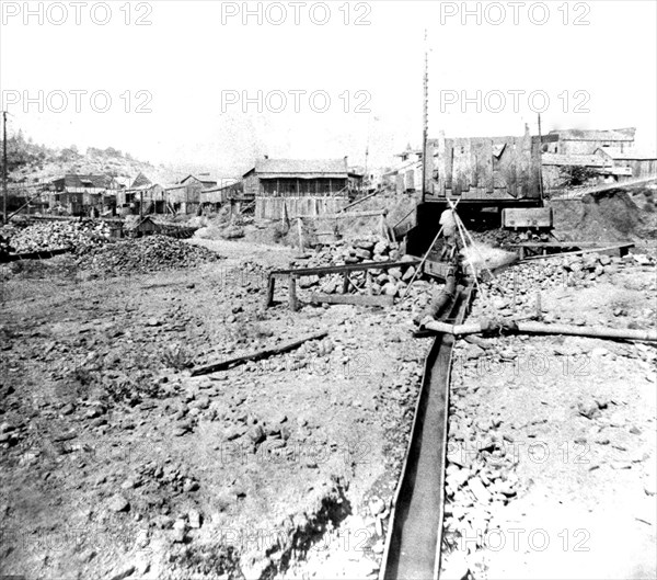 California History - Placer Mining at Volcano, Amador County - the Dump and Sluice circa 1866.