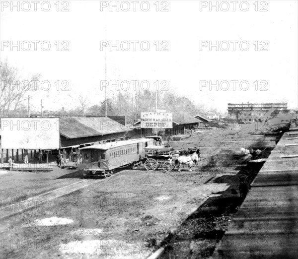 California History - The Railroad Depots, on the levee, Sacramento City circa 1866.