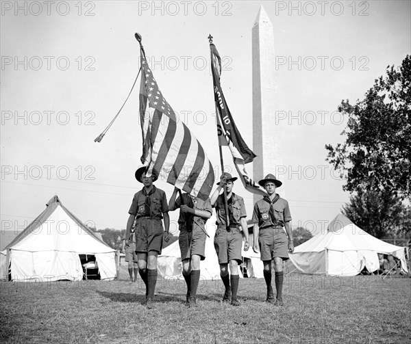 Boy Scouts Color Guard holding flags at the Boy Scout Jamboree in Washington D.C. circa 1937.