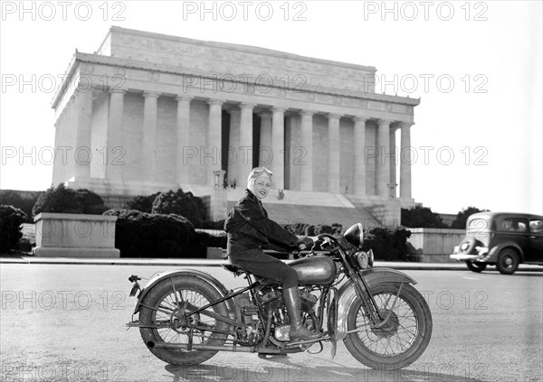 Mrs. Sally Halterman is the first woman to be granted a license to operate a motorcycle in the District of Columbia circa 1937.