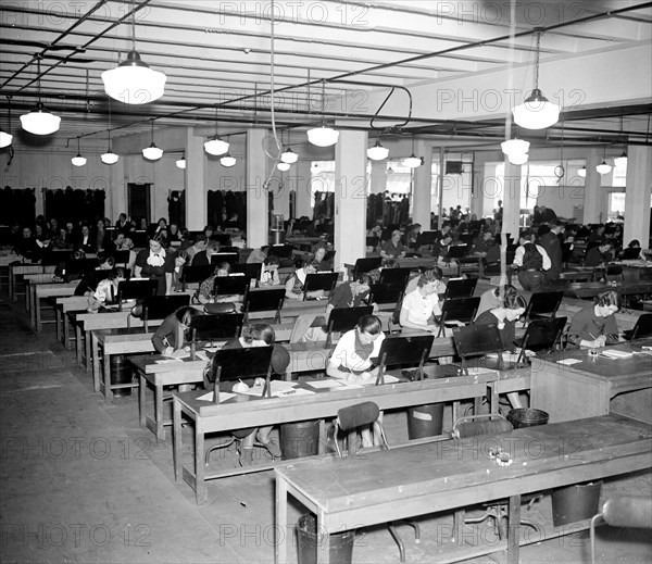A portion of the hundreds of clerks tabulating unemployment census returns circa 1937.