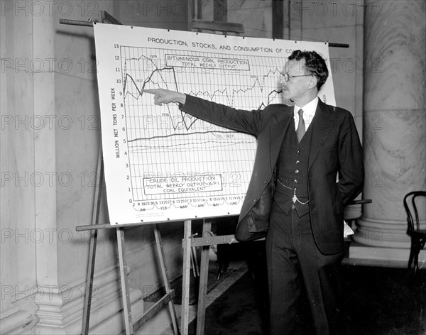 F.G. Tryon, of the market statistics unit of the National Bituminous Coal Commission pointing to a chart circa 1938.
